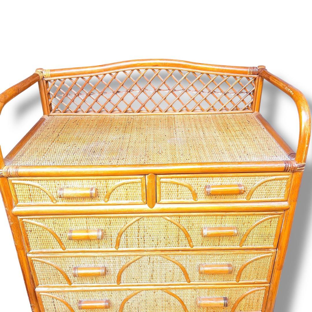 美品 ラタン調 籐 タンス チェスト 5段収納家具 ナチュラル 引き出し6個