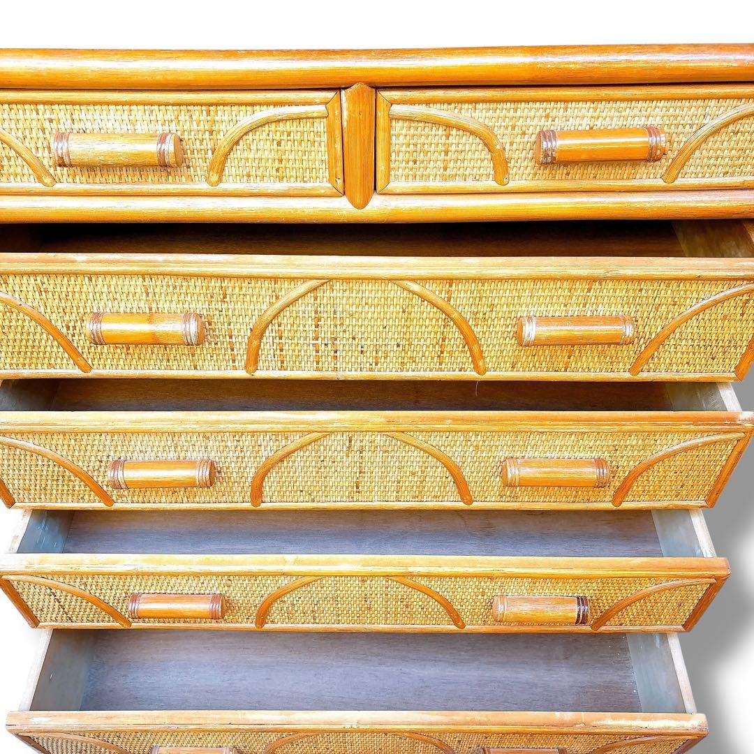 美品 ラタン調 籐 タンス チェスト 5段収納家具 ナチュラル 引き出し6個