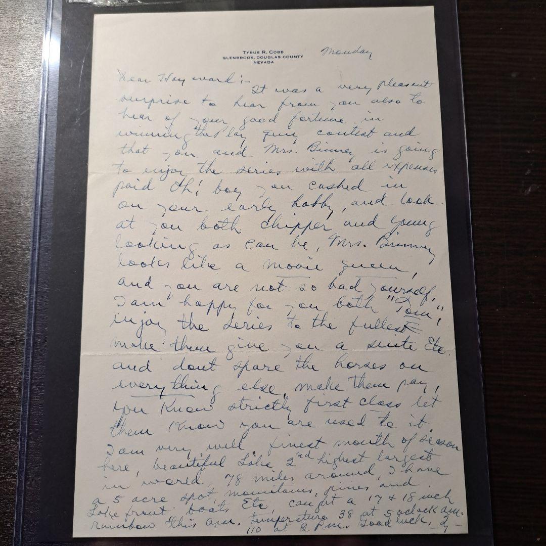 Ty Cobb タイ・カップ　直筆レター　JSA鑑定