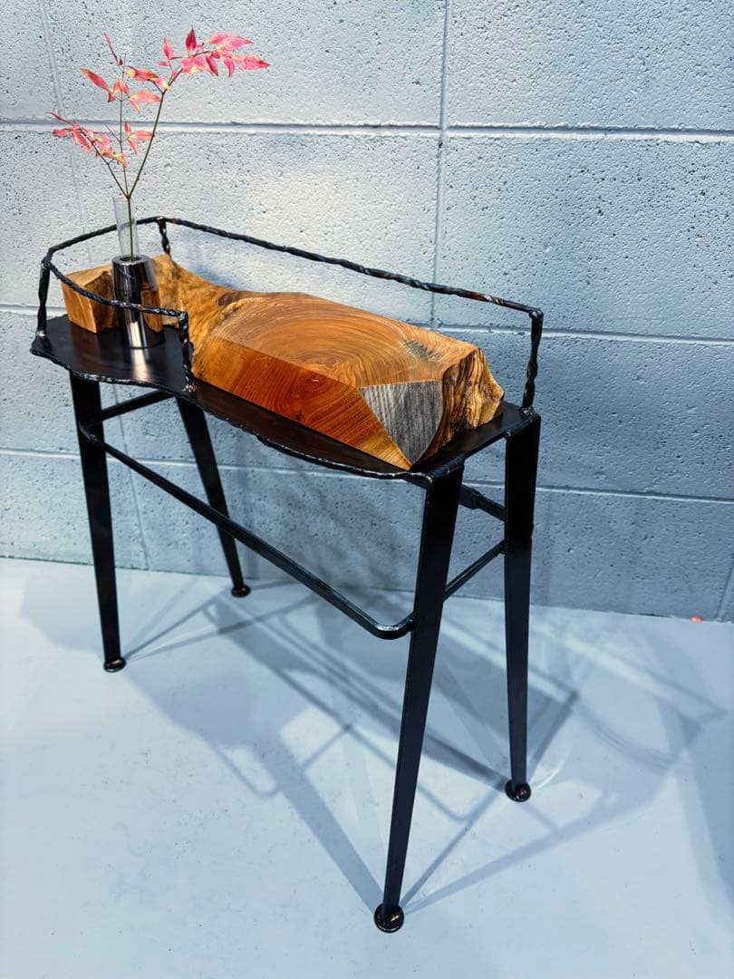 欅材サイドテーブル　鉄家具　アイアンシェルフ　コーヒーテーブル　観葉植物置き台