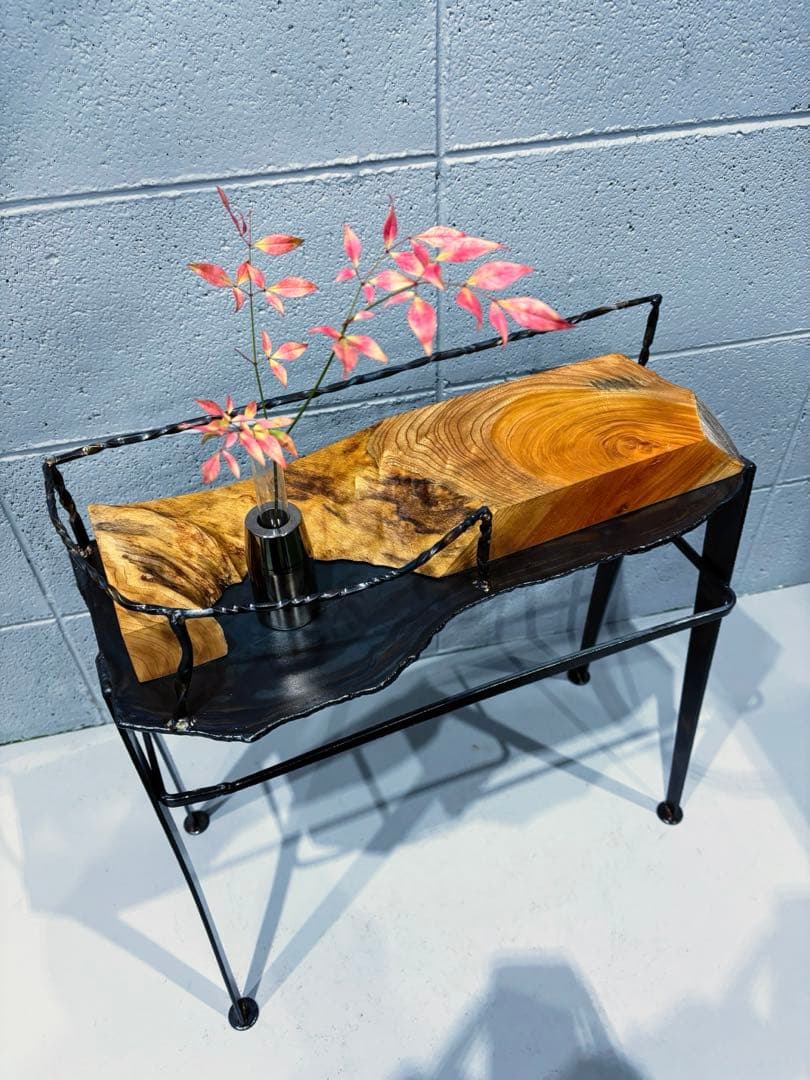 欅材サイドテーブル　鉄家具　アイアンシェルフ　コーヒーテーブル　観葉植物置き台