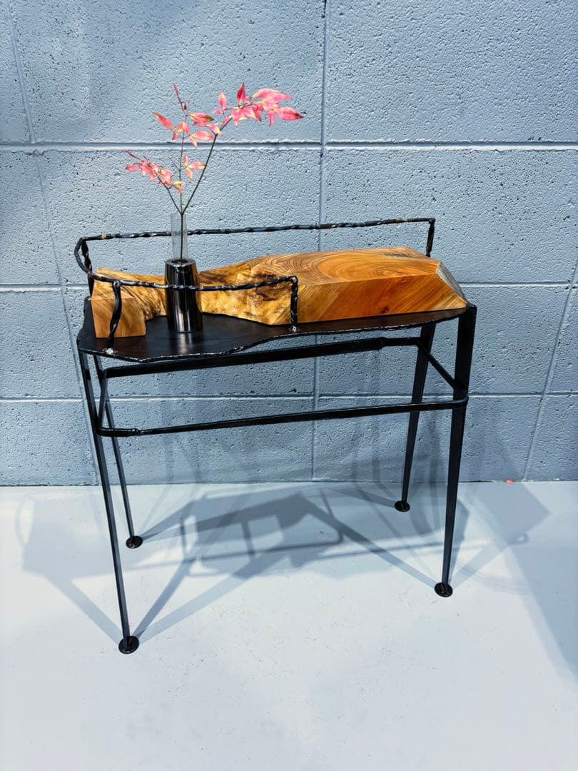 欅材サイドテーブル　鉄家具　アイアンシェルフ　コーヒーテーブル　観葉植物置き台