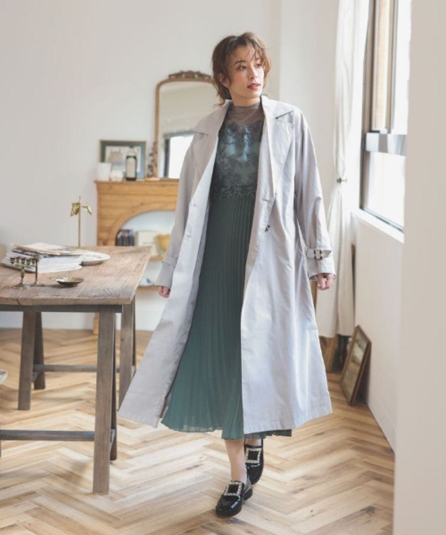 ドリードール メロースリーブ×プリーツドレス　ライトカーキ　グリーン　ミント　緑