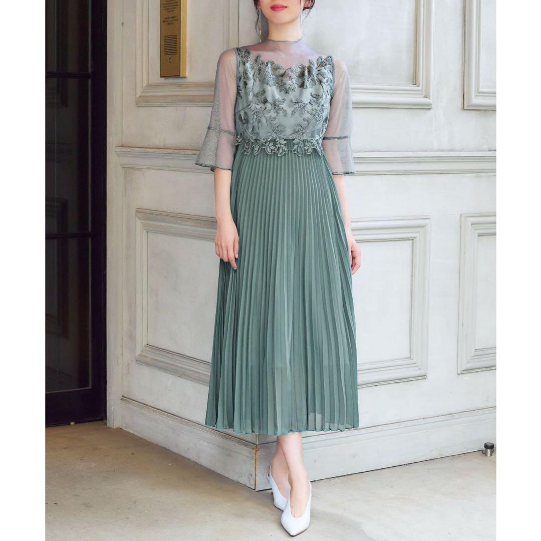 ドリードール メロースリーブ×プリーツドレス　ライトカーキ　グリーン　ミント　緑