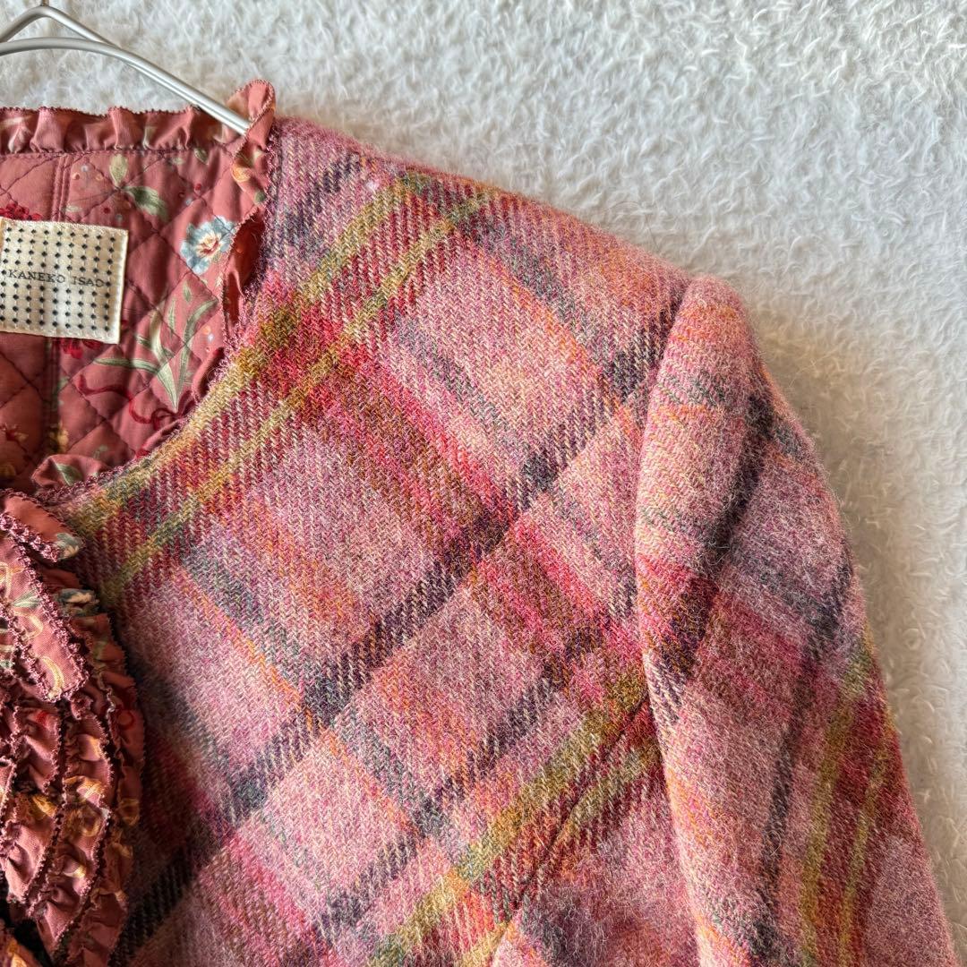 カネコイサオ ノーカラージャケット チェック ピコフリル 裏地キルティングウール