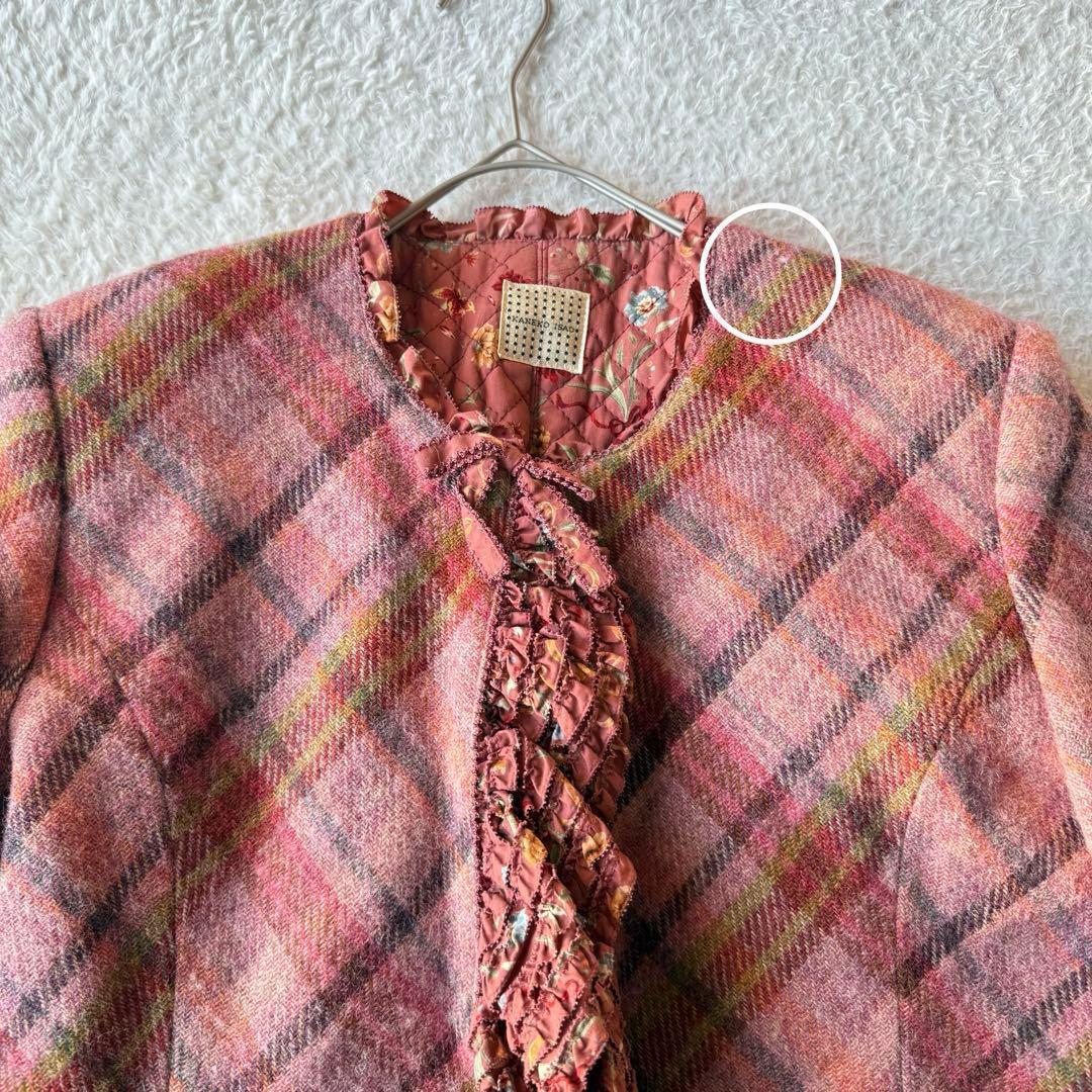 カネコイサオ ノーカラージャケット チェック ピコフリル 裏地キルティングウール