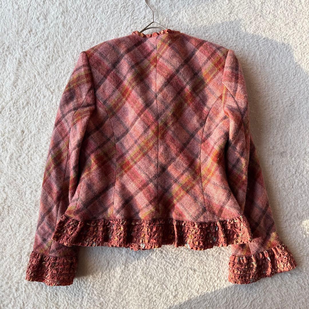 カネコイサオ ノーカラージャケット チェック ピコフリル 裏地キルティングウール