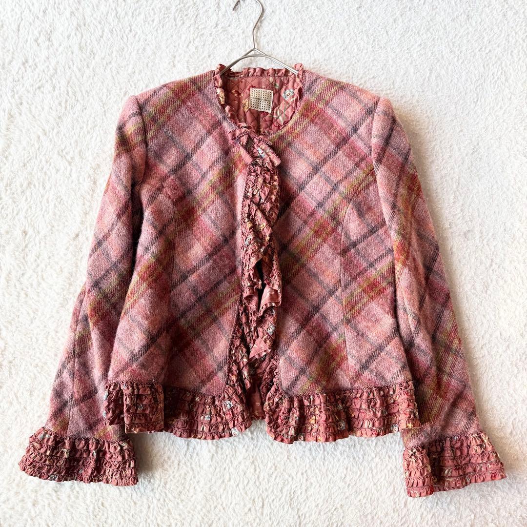 カネコイサオ ノーカラージャケット チェック ピコフリル 裏地キルティングウール