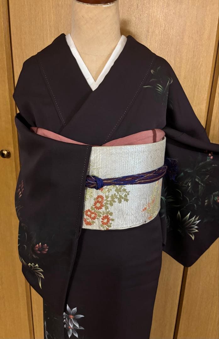 正絹付下げ トールサイズ 裄69 茶紫 油絵風 草花　身丈169.5 幻想的