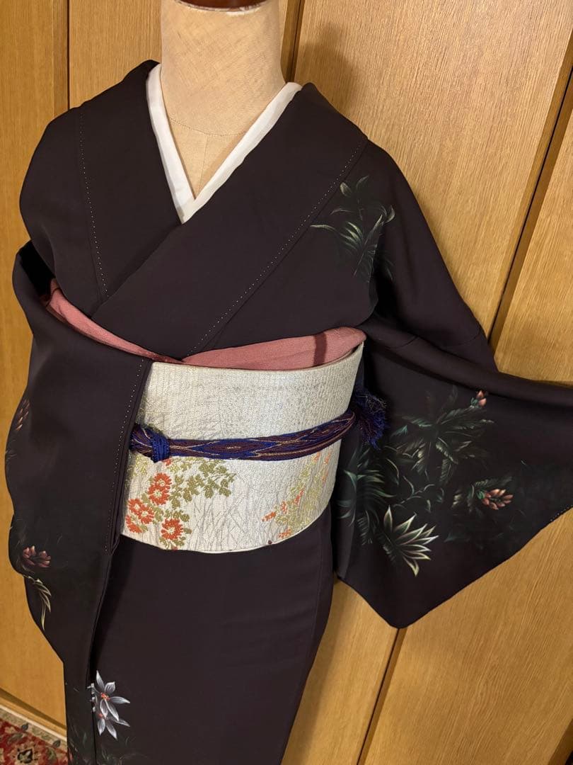 正絹付下げ トールサイズ 裄69 茶紫 油絵風 草花　身丈169.5 幻想的