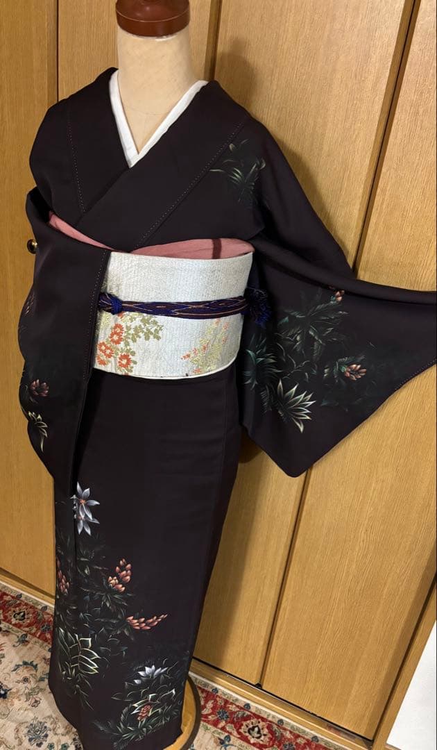 正絹付下げ トールサイズ 裄69 茶紫 油絵風 草花　身丈169.5 幻想的