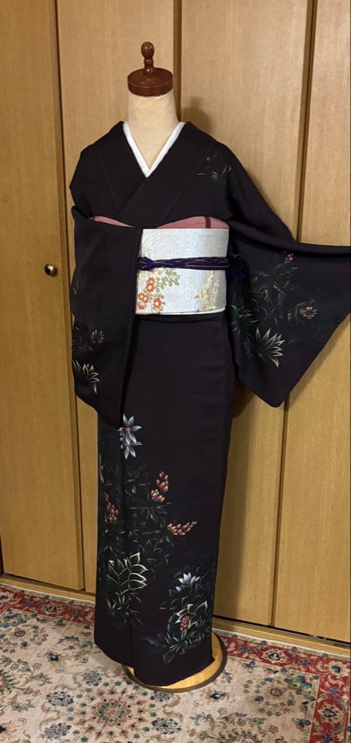 正絹付下げ トールサイズ 裄69 茶紫 油絵風 草花　身丈169.5 幻想的