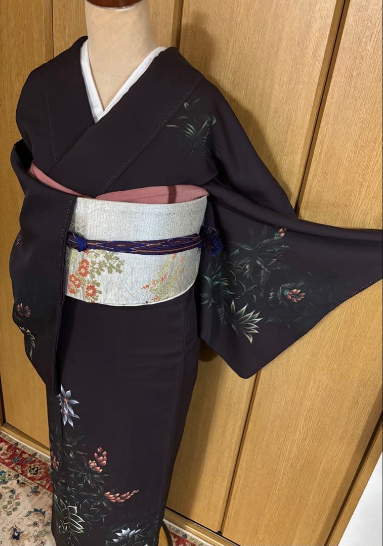 正絹付下げ トールサイズ 裄69 茶紫 油絵風 草花　身丈169.5 幻想的