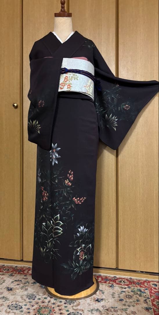 正絹付下げ トールサイズ 裄69 茶紫 油絵風 草花　身丈169.5 幻想的