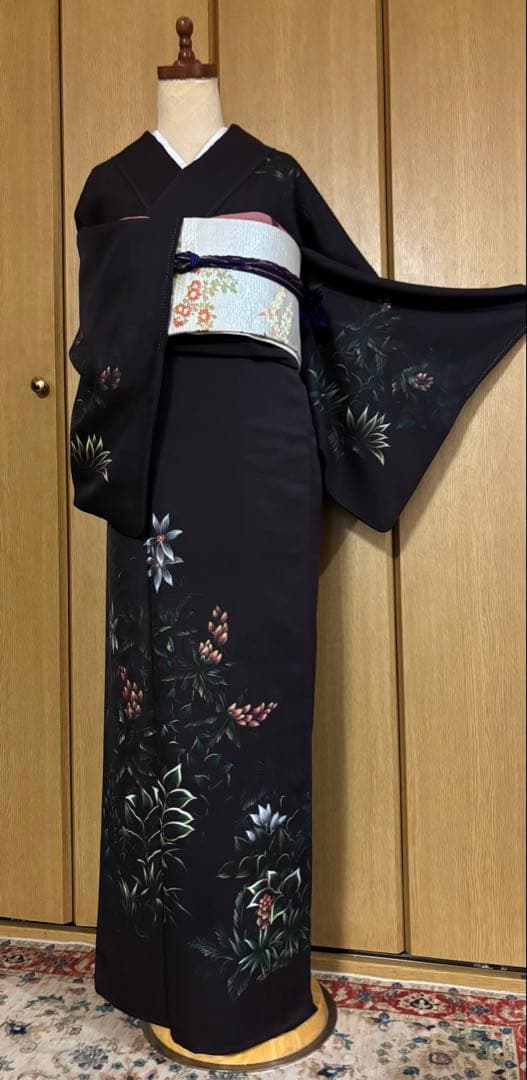 正絹付下げ トールサイズ 裄69 茶紫 油絵風 草花　身丈169.5 幻想的