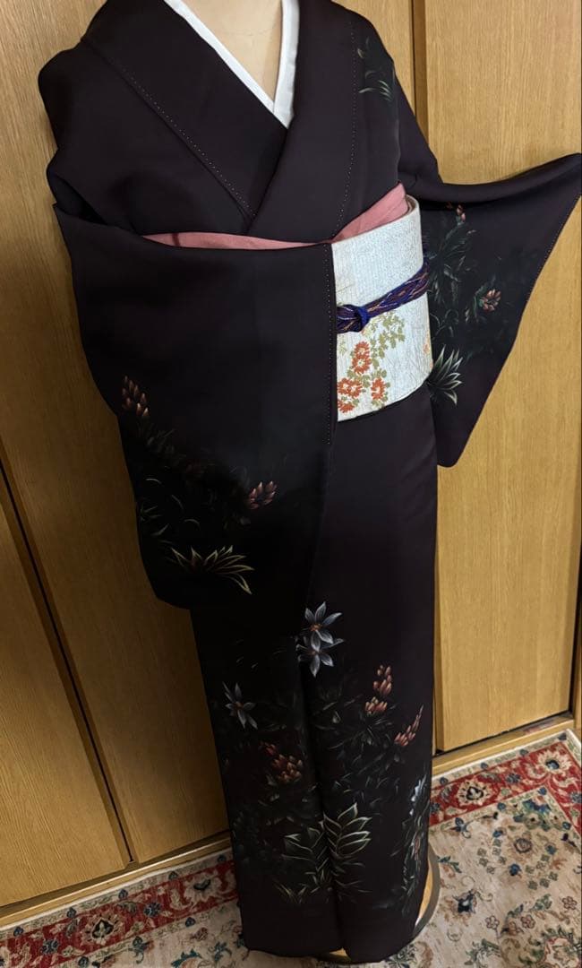 正絹付下げ トールサイズ 裄69 茶紫 油絵風 草花　身丈169.5 幻想的