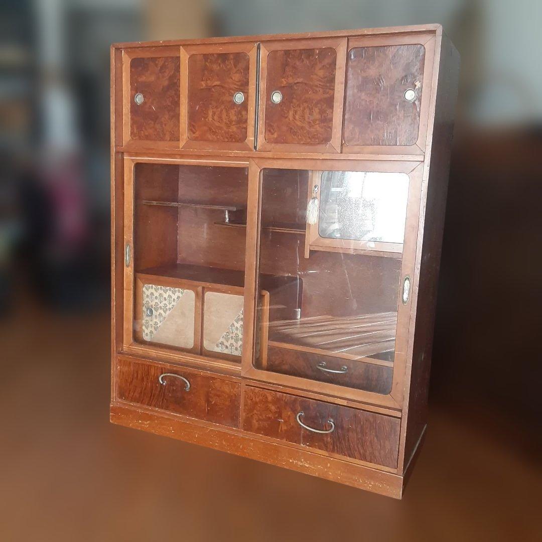 茶箪笥　アンティーク 木製キャビネット ガラス扉付き　昭和レトロ