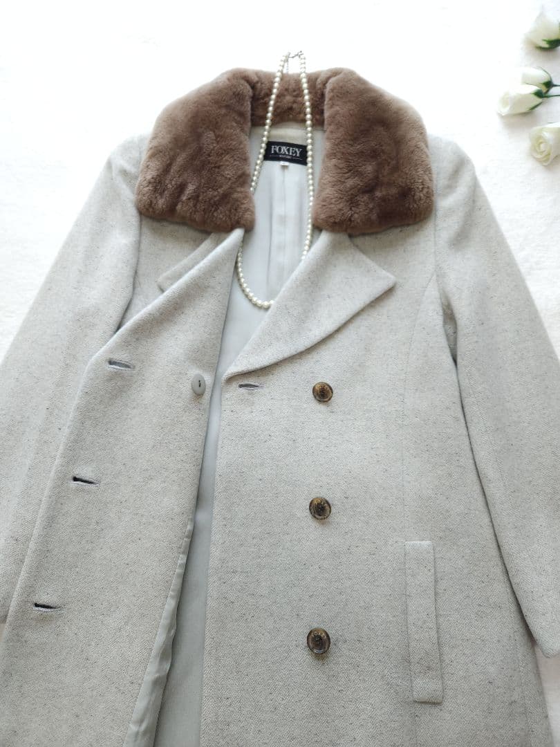 FOXEY 高級ロングコート26万 ソフトツイード ヌートリア アンゴラシルク