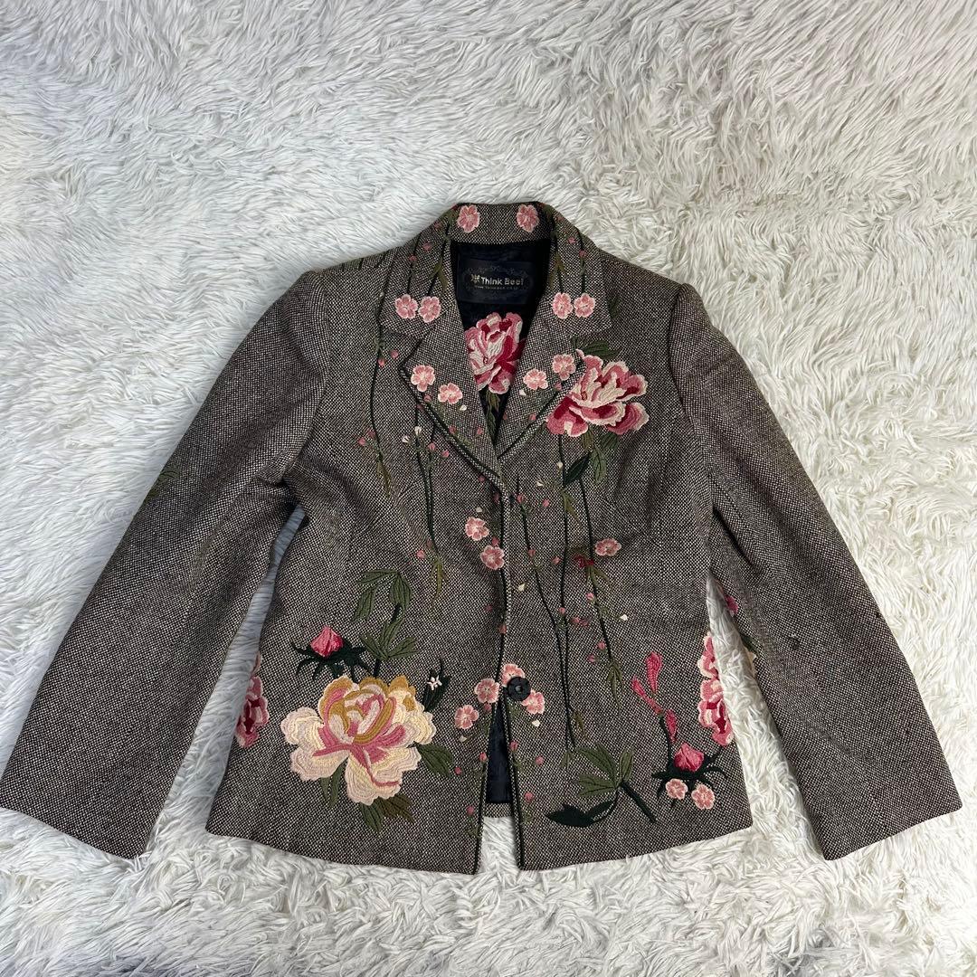 natural 様用希少 シンクビー 花柄刺繍 テーラージャケット グレー系