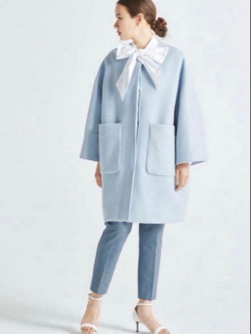 最終値下げ　yori ウールノーカラーコート　サックス