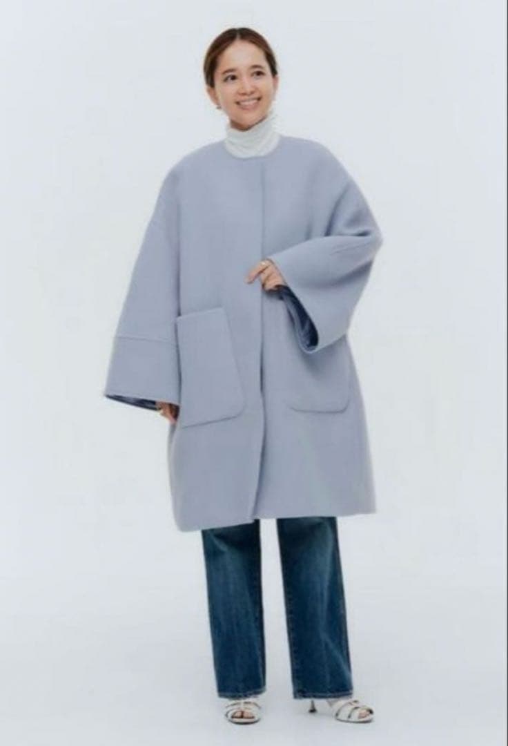 最終値下げ　yori ウールノーカラーコート　サックス