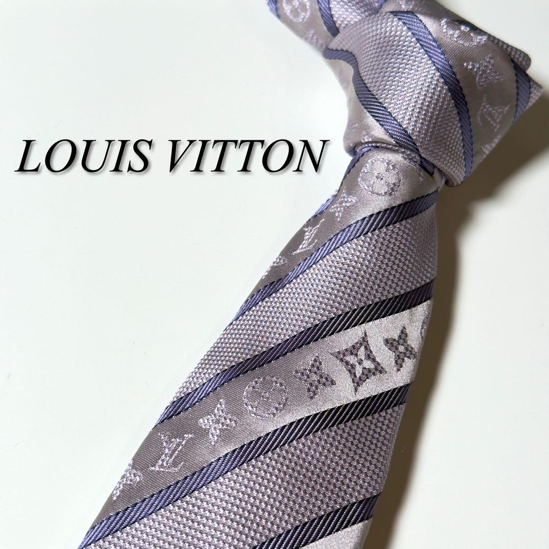【美品】 ルイヴィトン モノグラム ストライプ柄 パープル ネクタイ