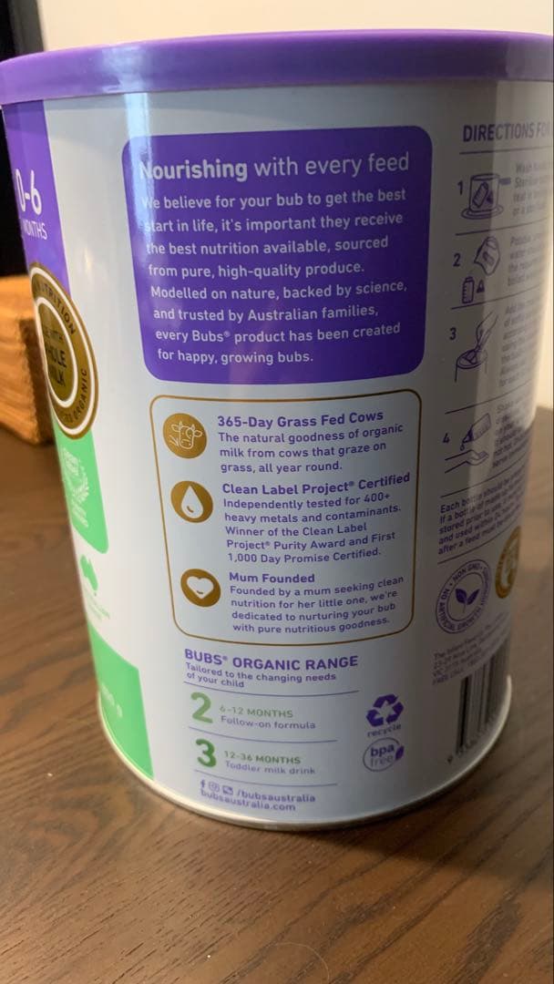 bubs Organic Grass Fed Infant Formula 2缶