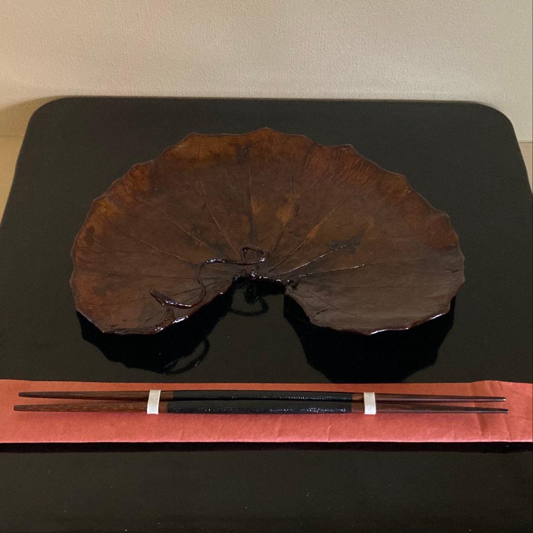 R*O様 茶道具 山中漆器 信斉作 一閑張 石蕗 干菓子盆 漆器 塗箸 共箱・栞