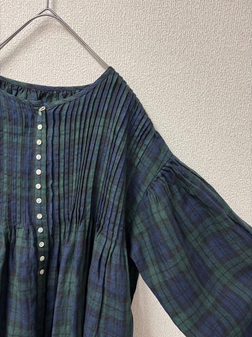 リネンピンタックボリューム袖比翼前開きロングワンピースブラックウォッチ美品