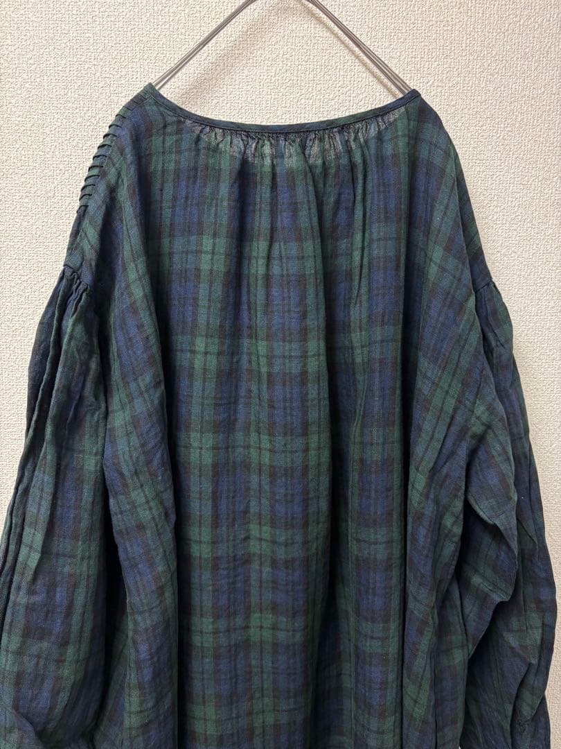 リネンピンタックボリューム袖比翼前開きロングワンピースブラックウォッチ美品