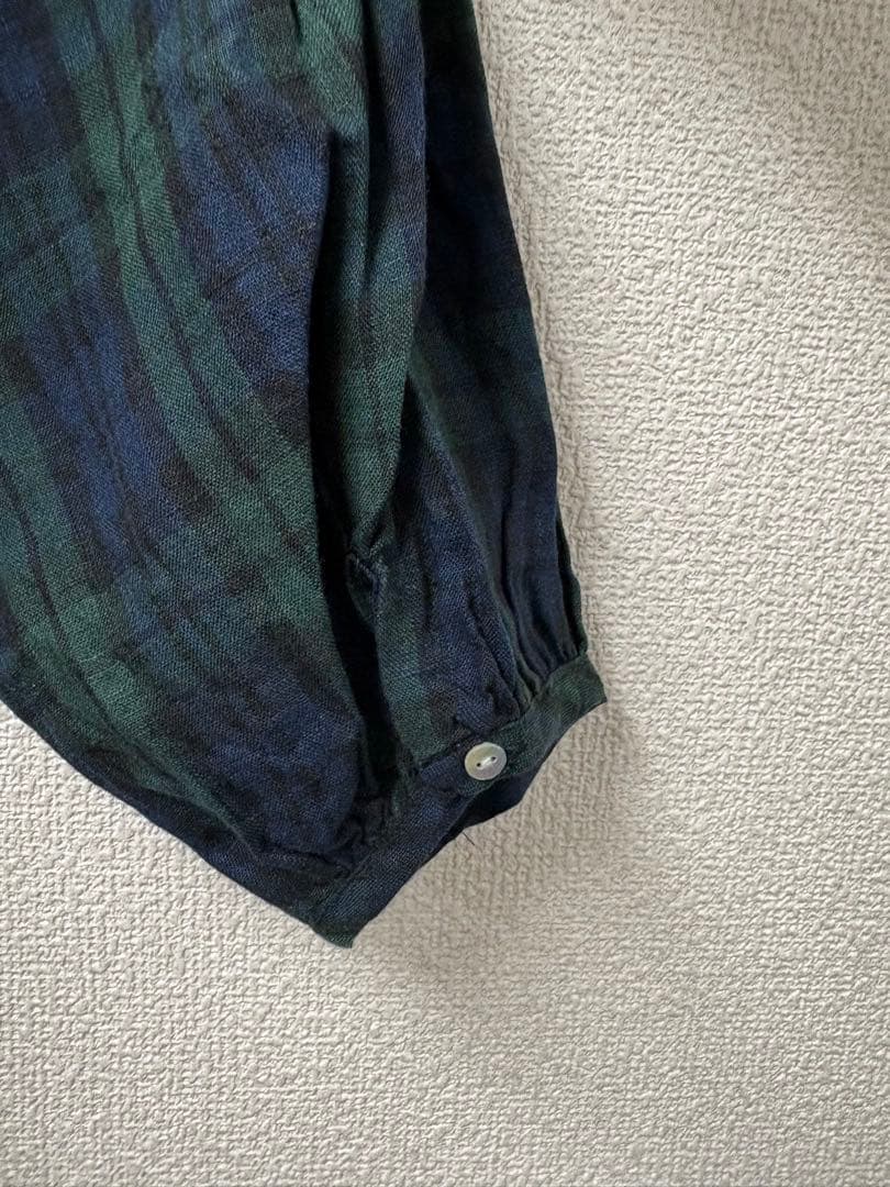 リネンピンタックボリューム袖比翼前開きロングワンピースブラックウォッチ美品