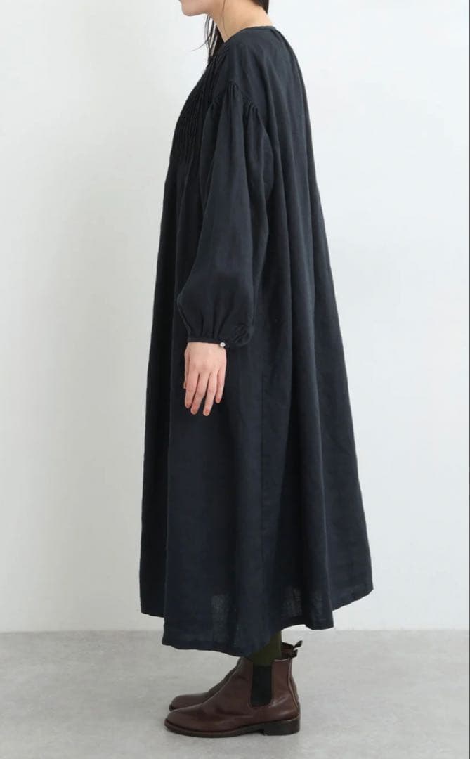 リネンピンタックボリューム袖比翼前開きロングワンピースブラックウォッチ美品