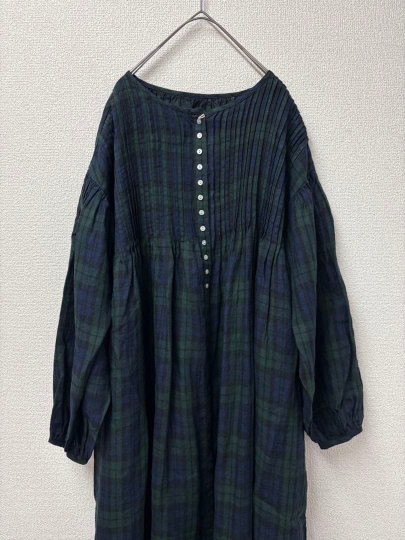 リネンピンタックボリューム袖比翼前開きロングワンピースブラックウォッチ美品