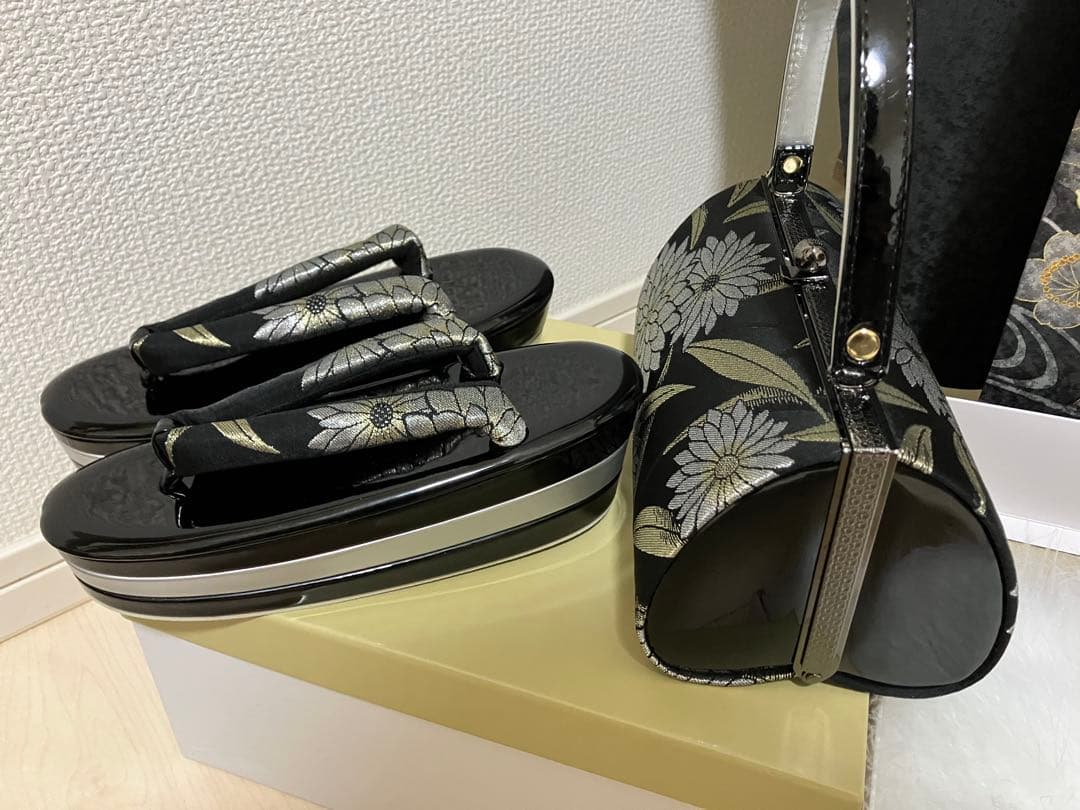 くすんだ黒 墨色 正絹振袖 全て揃ったフルセット M～トール