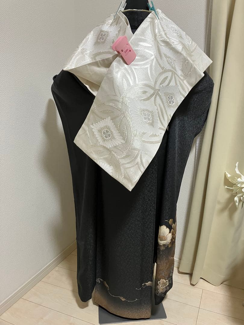 くすんだ黒 墨色 正絹振袖 全て揃ったフルセット M～トール