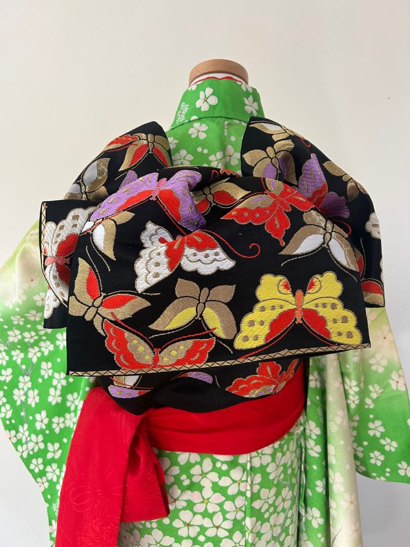 7歳　七五三　正絹着物　帯　帯揚げ　帯締め　しごき　はこせこ扇子バッグ草履セット