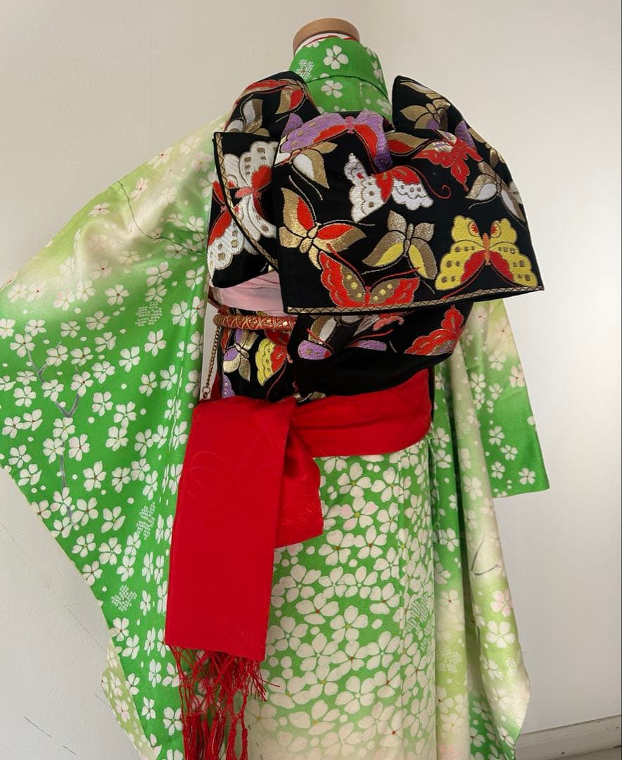 7歳　七五三　正絹着物　帯　帯揚げ　帯締め　しごき　はこせこ扇子バッグ草履セット