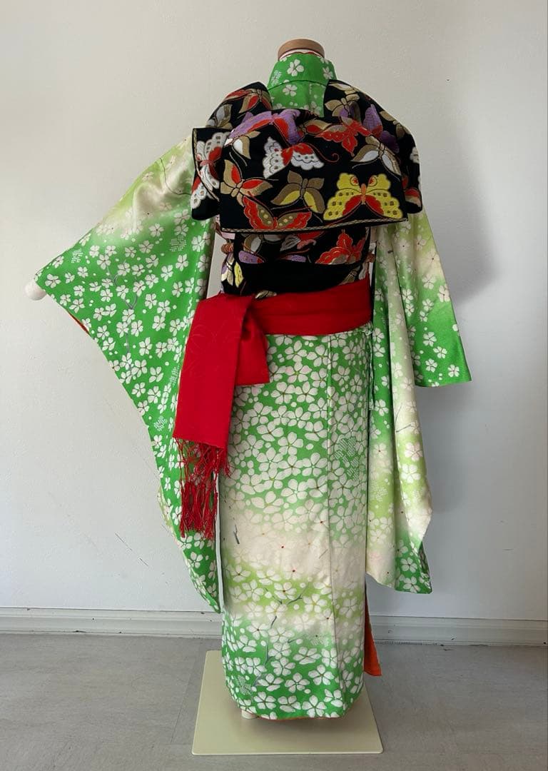 7歳　七五三　正絹着物　帯　帯揚げ　帯締め　しごき　はこせこ扇子バッグ草履セット