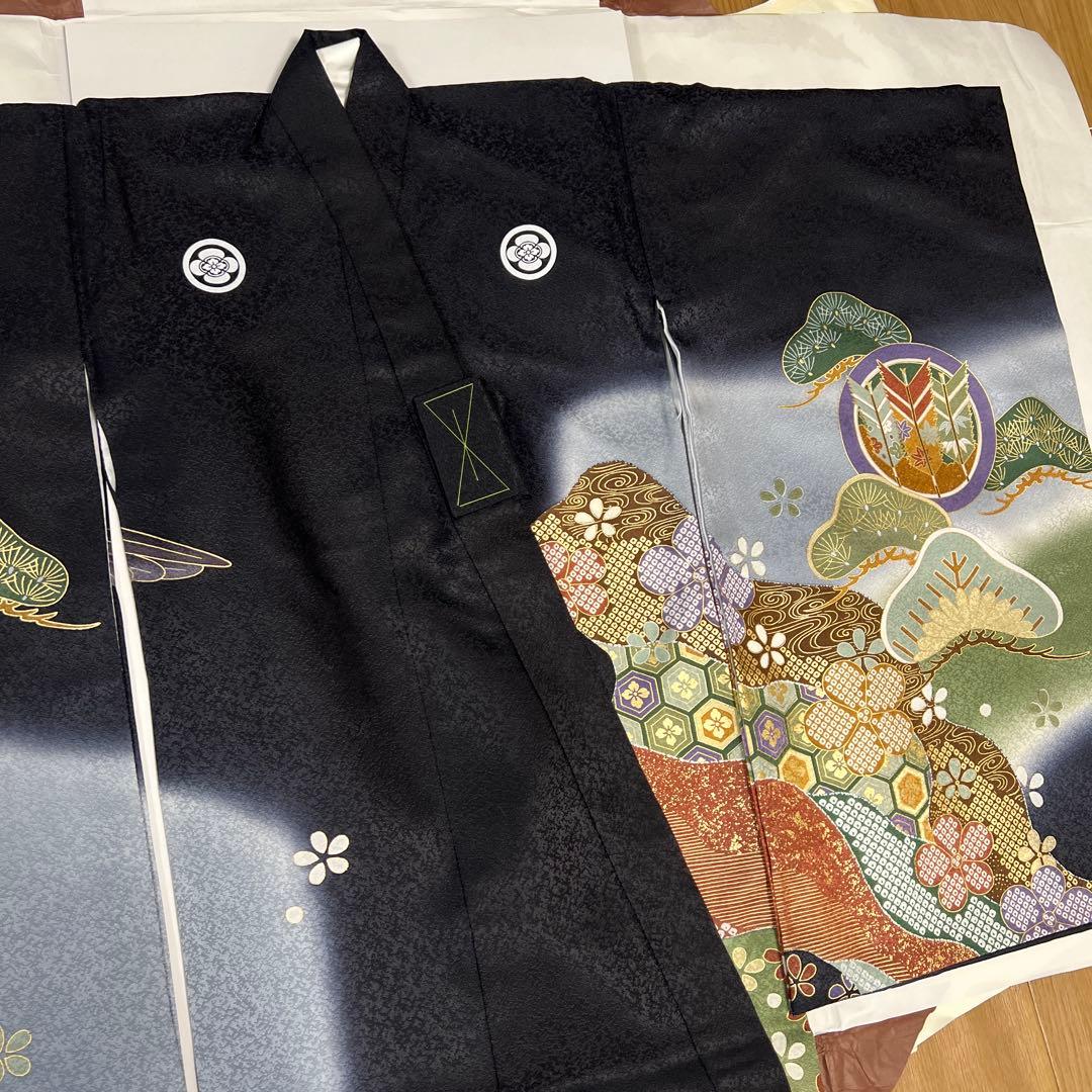 お宮参り 男児 祝い着 掛け着 熨斗目 鷹 黒◎美品
