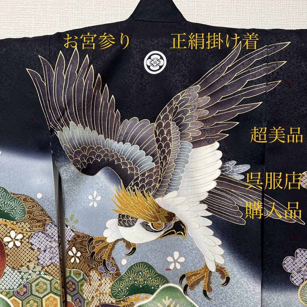 お宮参り 男児 祝い着 掛け着 熨斗目 鷹 黒◎美品