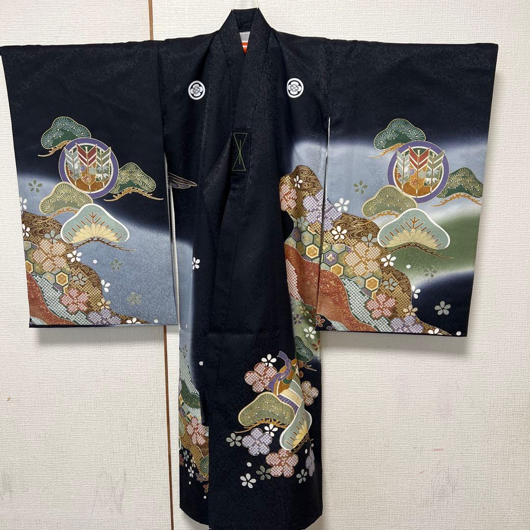 お宮参り 男児 祝い着 掛け着 熨斗目 鷹 黒◎美品