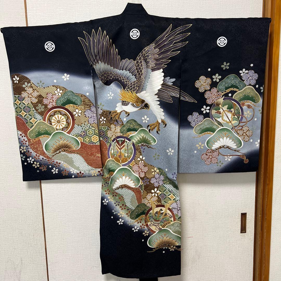 お宮参り 男児 祝い着 掛け着 熨斗目 鷹 黒◎美品