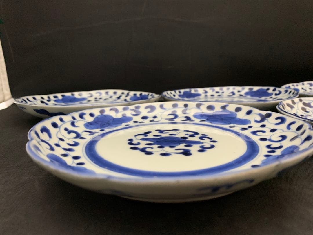 古伊万里　染付花輪型　六寸皿　古美術　5枚