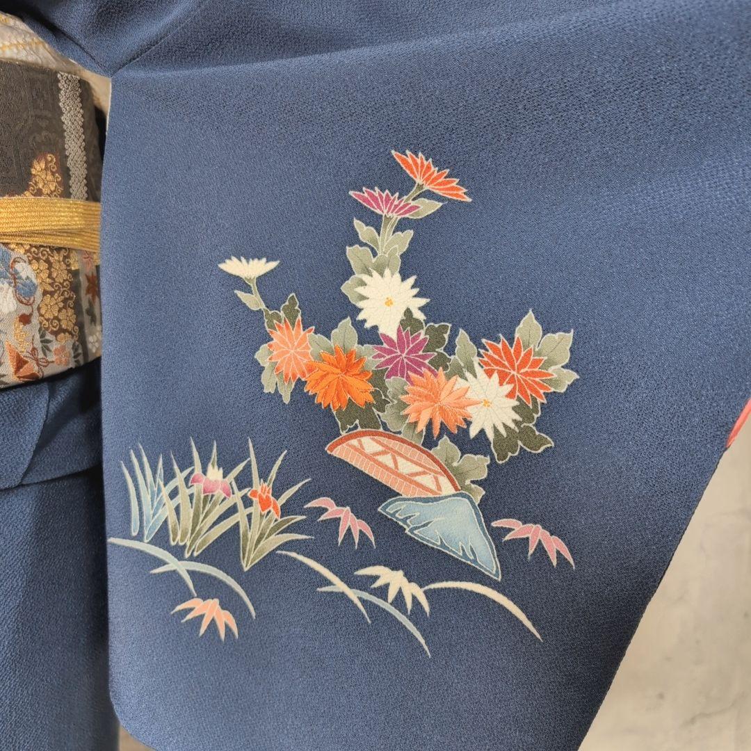 訪問着　フルセット　着物　正絹　青紺　縮緬　刺繍　比翼仕立て　祝い事　E2