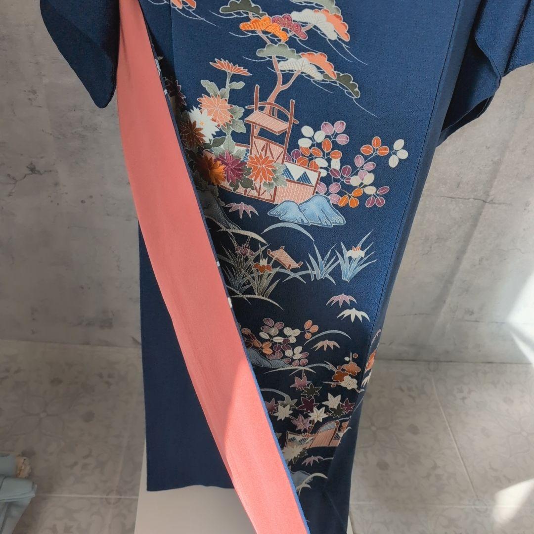 訪問着　フルセット　着物　正絹　青紺　縮緬　刺繍　比翼仕立て　祝い事　E2