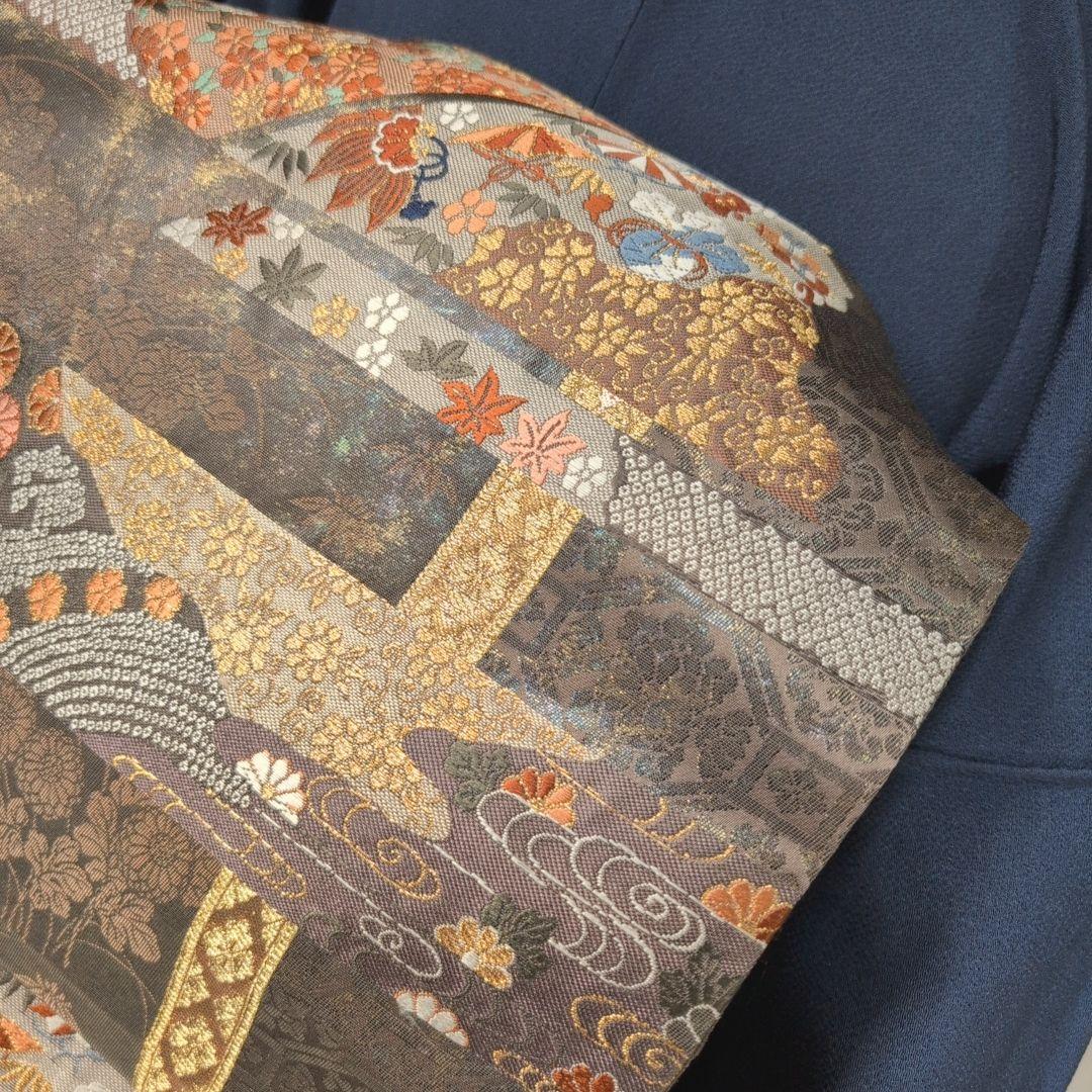 訪問着　フルセット　着物　正絹　青紺　縮緬　刺繍　比翼仕立て　祝い事　E2