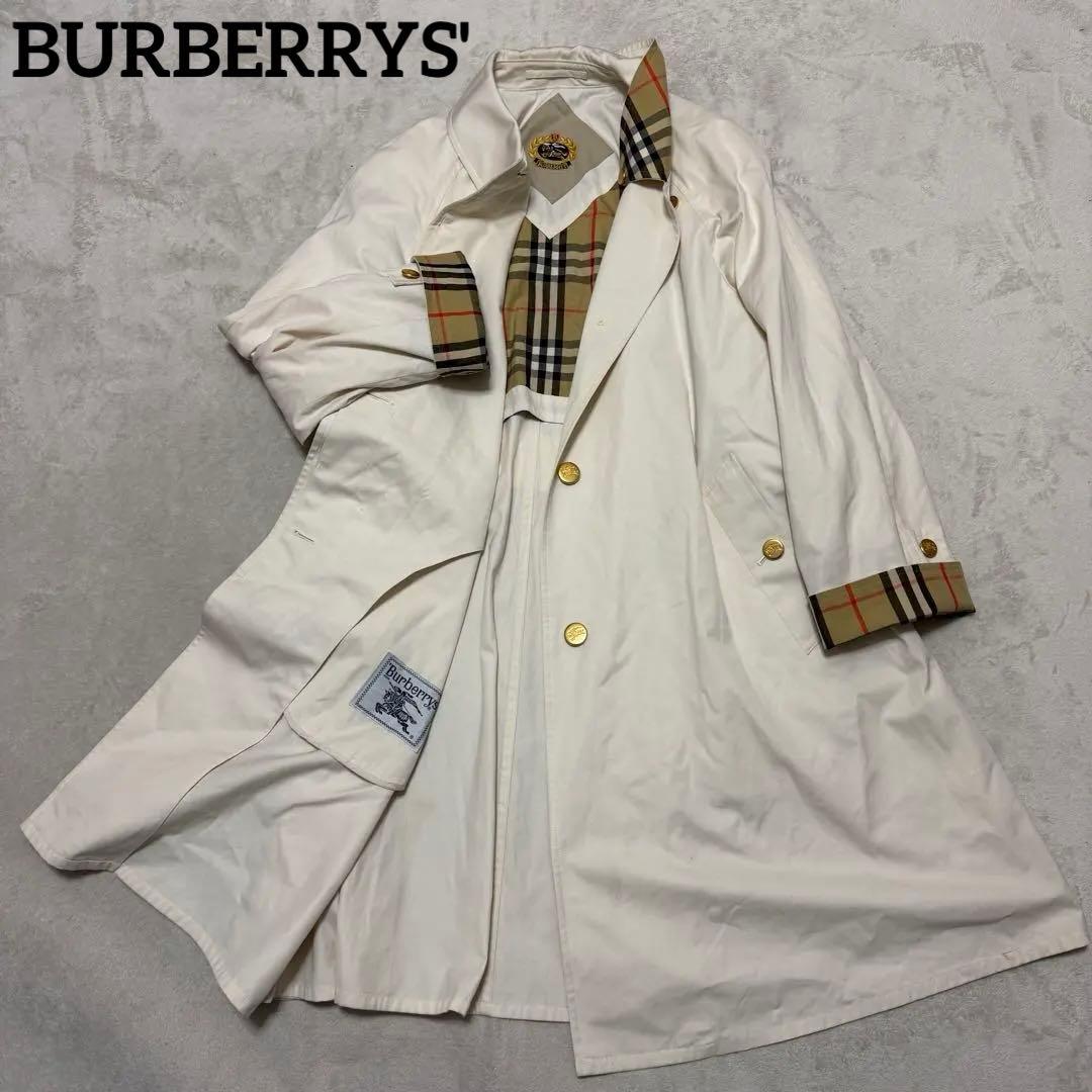 バーバリーズ　ステンカラーコート　金ボタン　チェック　白　M位