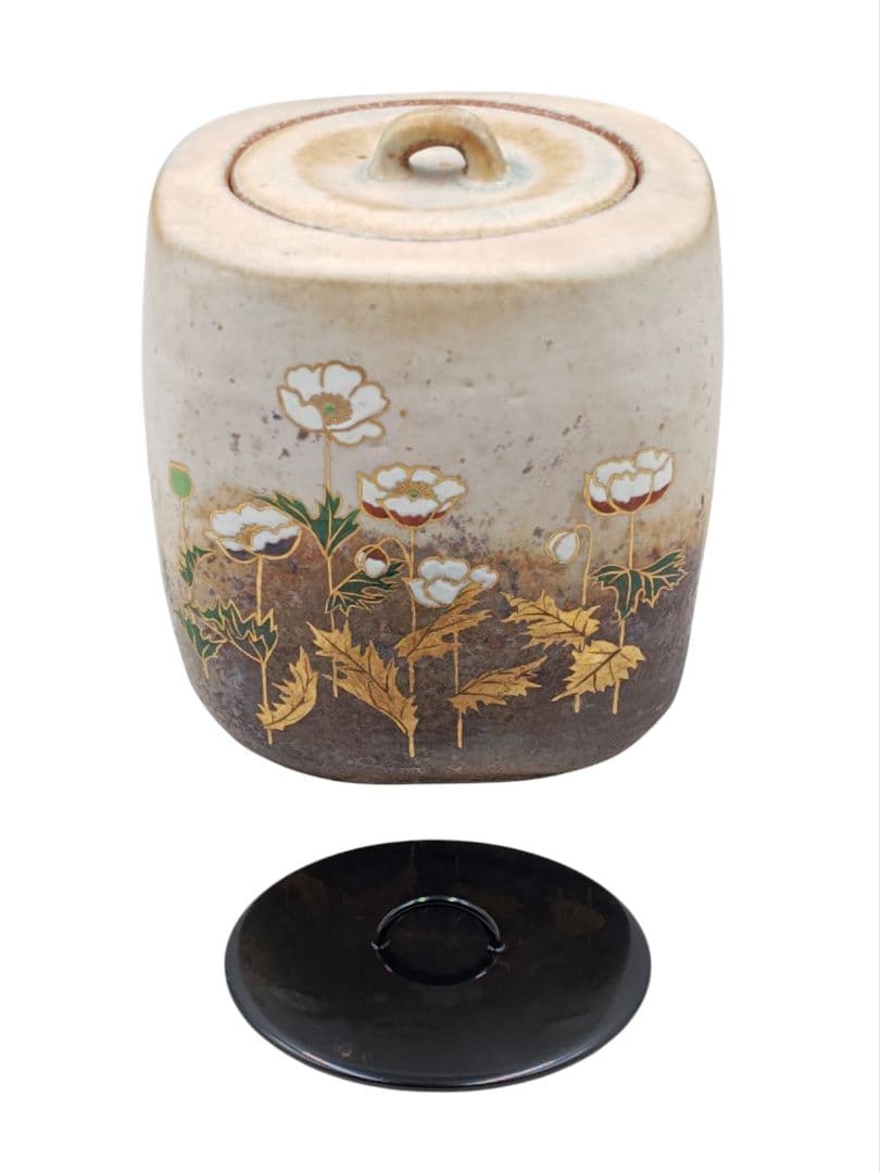 chadougu0318【福森阿也】『色絵金彩芥子絵 四方水指』共箱 共布