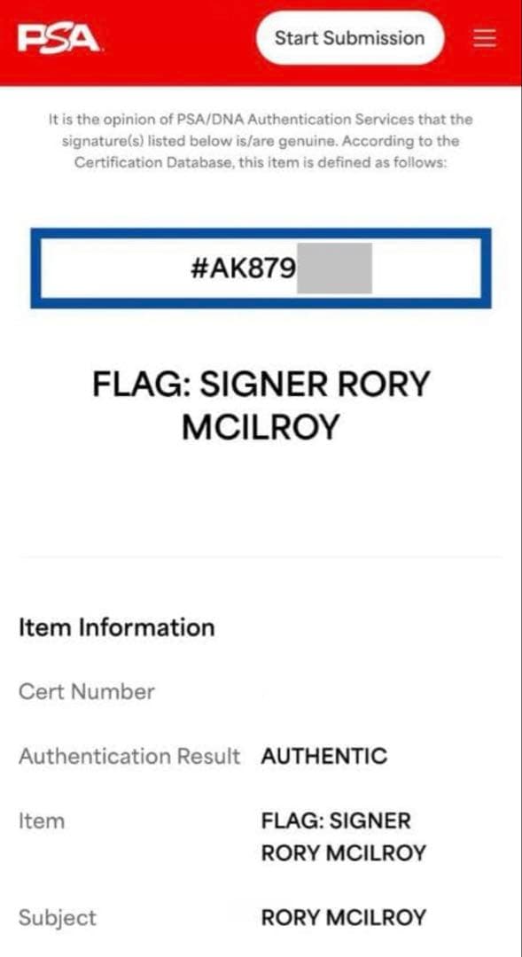 ローリー・マキロイ グランドスライム達成マスターズ優勝 直筆サイン 鑑定書付