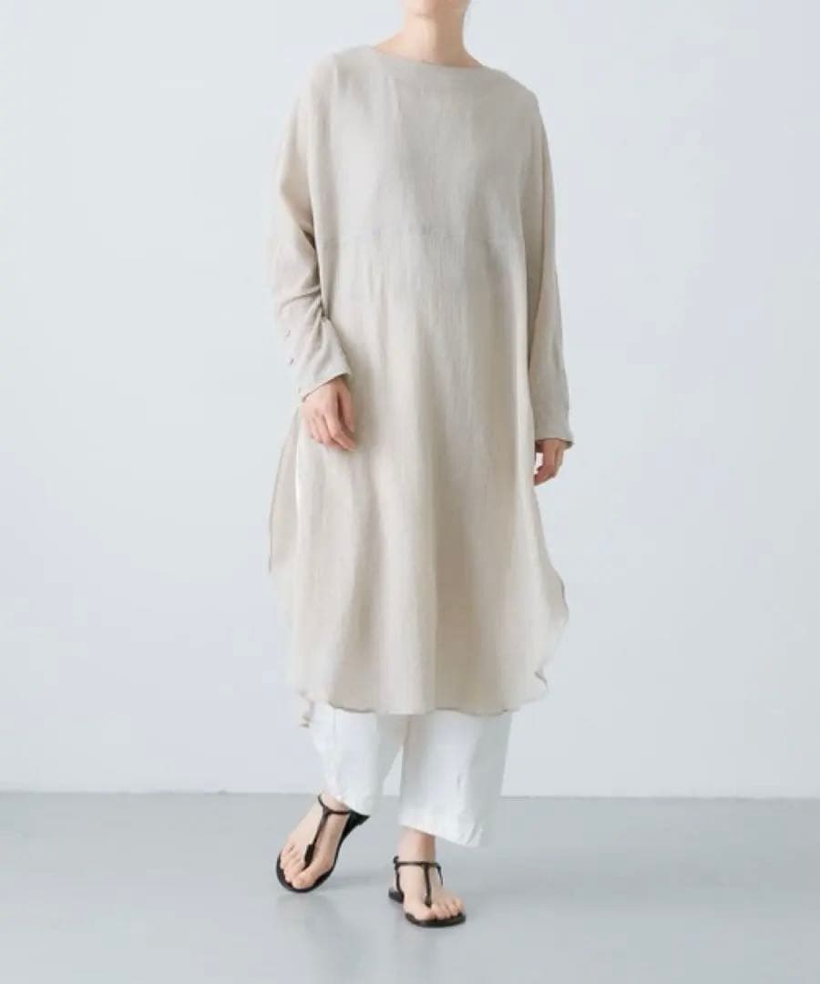 【美品】かぐれ　ガーゼロングチュニック　ベージュ　グレージュ